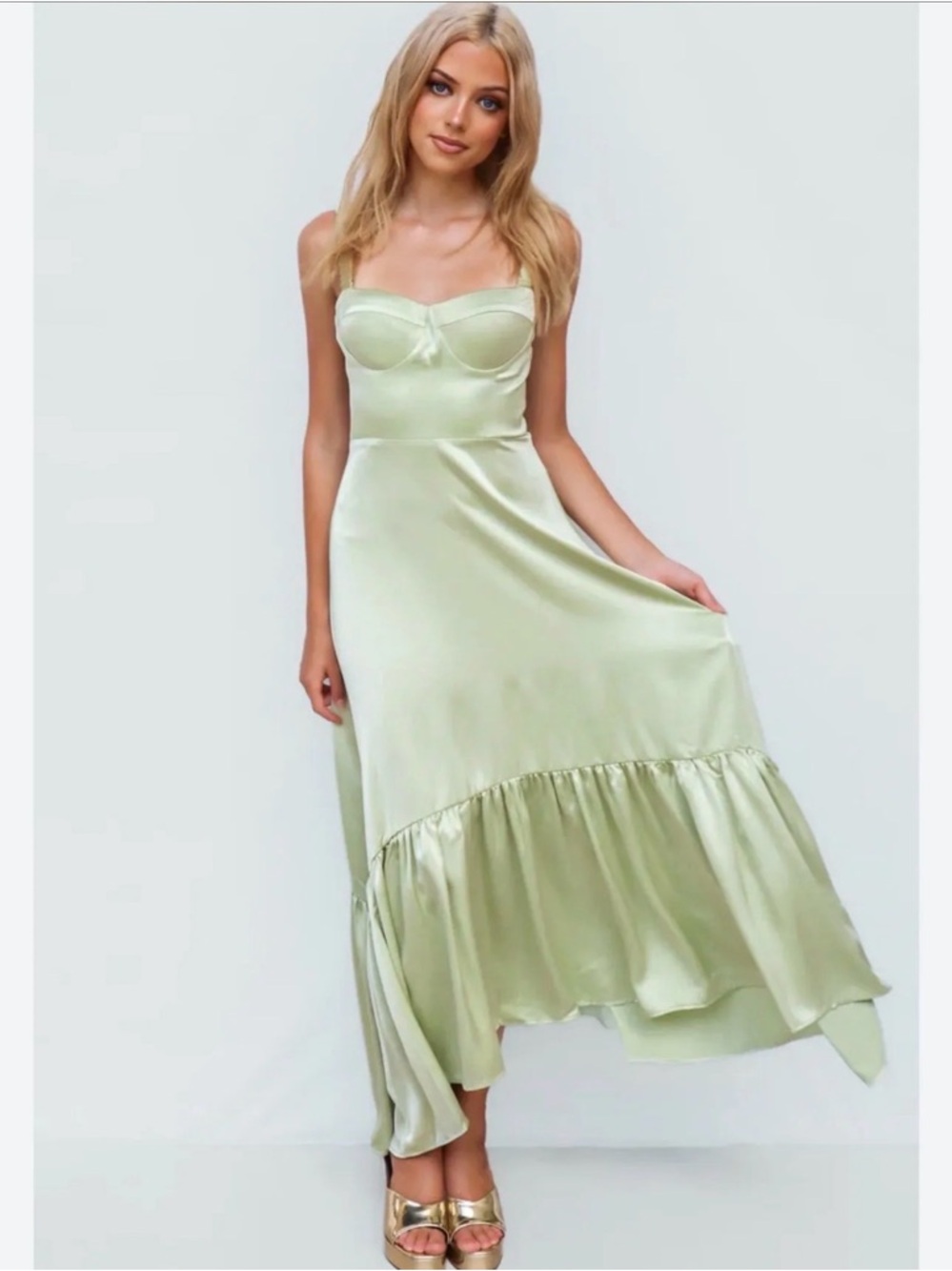 Selfie Leslie Satin Bustier Midi Dress in Light Sage